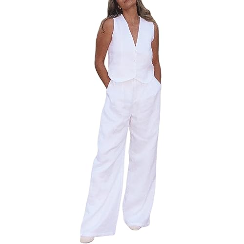 Overall Damen Elegant Sommer Overall Damen Sommer Lang Schwarz Frauen Solide V-Ausschnitt Weste Mantel Dünne Taste Crop Top Zipper Tasche Hosen Anzüge Set Damen Loungewear Set​ (White, M) von NHNKB