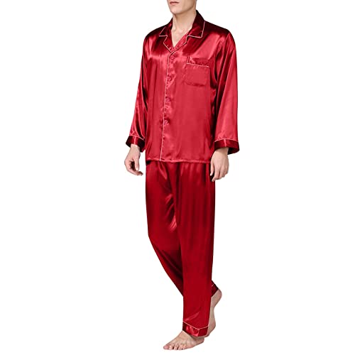 Pyjama Herren Satin Lang Pyjama Herren Set Herren Outfit Komplett Set Casual Classic Sleepwear-Set Herren Hosen Schlafanzüge Bluse Cardigan Loungewears und Herrenanzüge sätze Anzüge (Red, L) von NHNKB