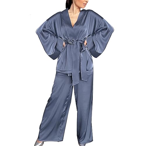 NHNKB Pyjama Set Damen Lang Satin Damen Anzug Elegant 2 Teilig Schwarz Damen-Strickjacke in Reiner Farbe mit Bindegürtel und Pyjamahose, Homewear lockeres Nachtwäsche-Set Damen Set​ (Blue, M) von NHNKB