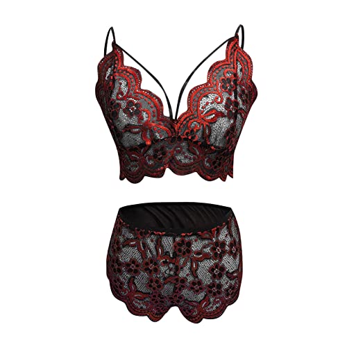 NHNKB Sexy Outfit Für Damen Für Sex Dessous Set Spitze Frauen-reizvoller Übergrößen-Wäsche-Spitzen-Bodysuit-exotischer Sexy Wäsche-Riemchen-BH und Panty mit Choker Strapse Sexy Damen​ (Wine, XXXXL) von NHNKB