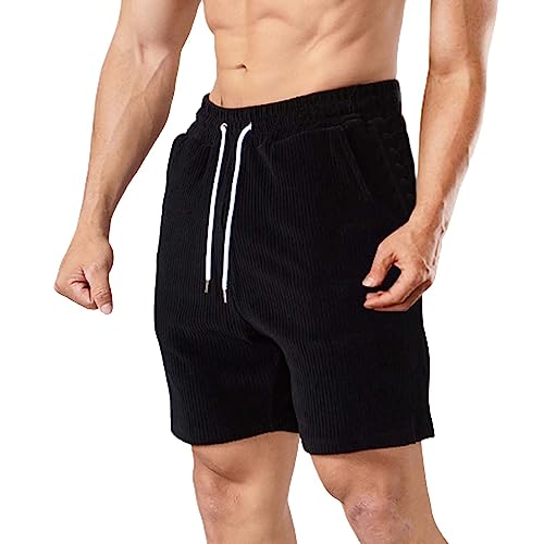 NHNKB Sporthose Herren Kurz Mit Taschen Cordhose Herren Schwarz Herren-Freizeitshorts, Arbeitsshorts, modische, schmale Fünf-Hosen-Strandshorts, Herren-Cord-Shorts Herren Shorts Cargo​ (Black, M) von NHNKB