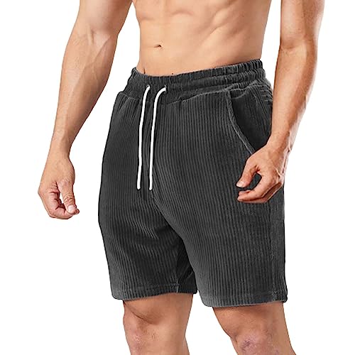 NHNKB Sporthose Herren Kurz Mit Taschen Cordhose Herren Schwarz Herren-Freizeitshorts, Arbeitsshorts, modische, schmale Fünf-Hosen-Strandshorts, Herren-Cord-Shorts Herren Shorts Cargo​ (Grey, L) von NHNKB