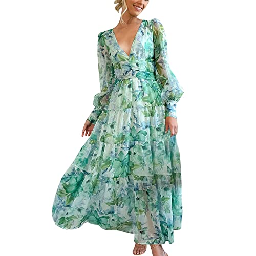 NHNKB Strandkleid Damen Lang Große Größen Kleid Damen Elegant Lang Kleid V Ausschnitt Damen Elegant Chiffonkleid Damen Lang Damen Frühling und Sommer 2023 Freizeit bedrucktes Langarm Kleid Damen von NHNKB