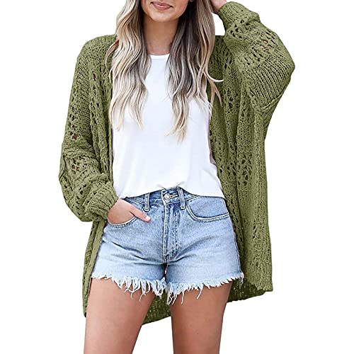 NHNKB Strickjacke Damen Lang Grobstrick Cardigan Damen Kurz Beige Cardigan Boho Hippie Strick Hemdjacke Damen Herbst Frauen häkeln Cardigan Langarm leichte lose Pulli Top Cardigan Jungen​ (Green, XL) von NHNKB