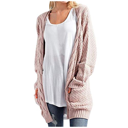 NHNKB Strickjacke Damen Lang Grobstrick Strickjacke Vintage Damen Oversize Cardigan Damen Lang Herbst Mode Frauen Lange Ärmel Winter Strickdigan Pulli Pulli Mäntel Bettjacke Damen Weich (Pink, XXXL) von NHNKB