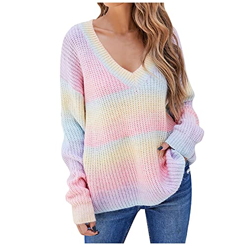 NHNKB Strickpullover Damen Bunt Herbst- und Winterpullover für Damen, lässig, weich, mit V-Ausschnitt, Farbnähte, Strickpullover, Mantel, Bluse Strickjacke Kurz Grobstrick (Pink, L) von NHNKB