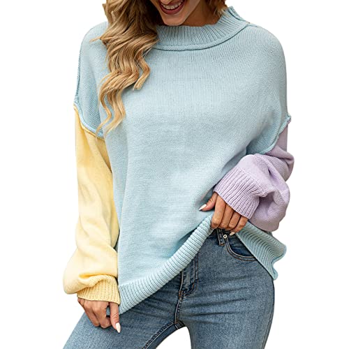 NHNKB Strickpullover Damen Bunt Patchwork Oberteil Damen Oversize Damen-Patchwork-Mode-Persönlichkeits-Strickpullover mit Rundhalsausschnitt Cardigan Sweater Damen​ Grobmaschig (Blue, M) von NHNKB