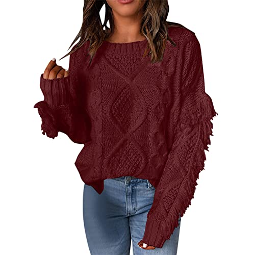 NHNKB Strickpullover Damen Grobmaschig Strickpullover Damen Oversize Herbst Damen Oversized Fuzzy Crewneck Quaste Langarm Pullover Lässige lockere Strickpullover Pullover Tops Cardigan (RD1, XL) von NHNKB