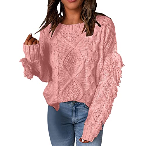 NHNKB Strickpullover Damen Grobmaschig Strickpullover Damen Oversize Herbst Damen Oversized Fuzzy Crewneck Quaste Langarm Pullover Lässige lockere Strickpullover Pullover Tops Cardigan (RD2, M) von NHNKB