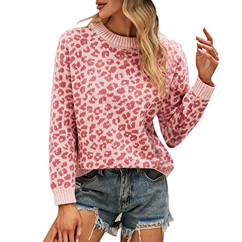 NHNKB Strickpullover Damen Leopard Strickpullover Damen Oversize Herbst Damen Pullover lockerer Strickpullover mit Leopardenmuster mit Rundhalsausschnitt Jackenklammer Damen​ (Pink, XL) von NHNKB