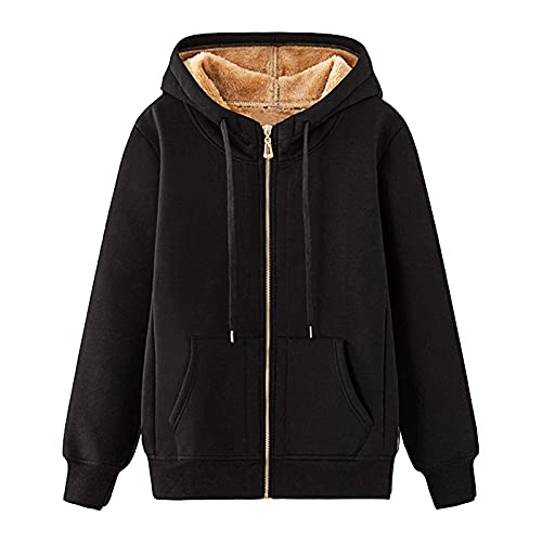 NHNKB Sweatshirt Mit Kapuze Fleece Damen Hoodie Mit Reißverschluss Frauen dickes Fleece Hoodie Sweatshirt Fleece gefüttert Winter O-Ausschnitt lange Ärmel weiche warme Mantel Schwarz von NHNKB