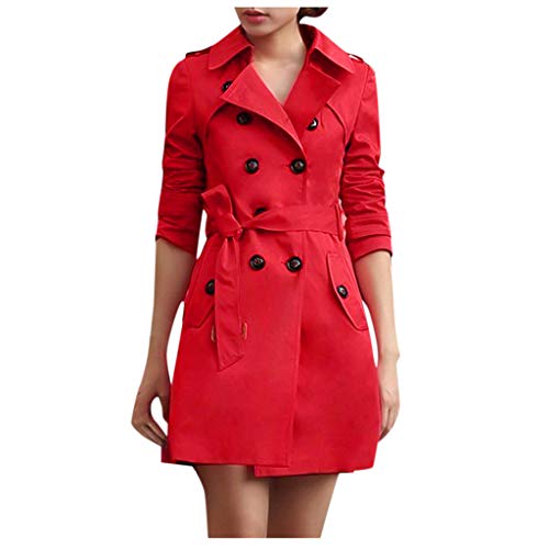 NHNKB Trenchcoat Damen Elegant Trenchcoat Damen Schwarz Trenchcoat Damen Lang Breasted Long Women Trench Jacket Coat Outwear Overcoat Double Windbreaker Slim Damenmantel Mantel Damen​ (Red, S) von NHNKB