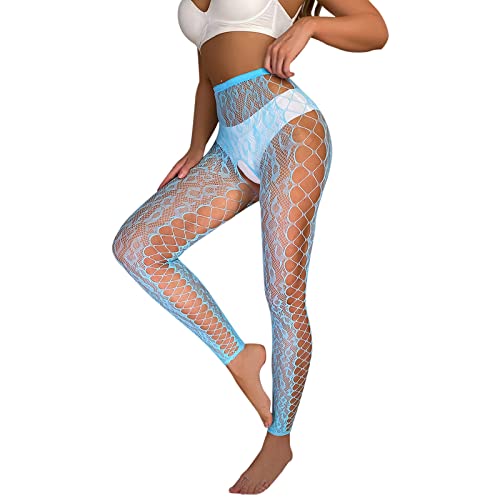 NHNKB Unterwäsche Damen String Spitze Netz Einteiler Damen Sexy Jumpsuit Für Sex Frauen-reizvolle Strumpfhose-Fischnetz-Öffnungs-Leggings-Leopard-Druck-Pantihose-Wäsche-Hosen Sexy​ (Blue, One Size) von NHNKB