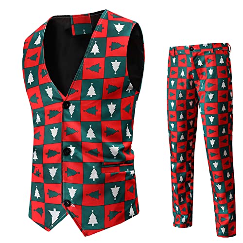 NHNKB Weihnachten Anzug Herren Anzug Herren Kürbis Anzug Herren Slim Fit 26 Teilig Anzug Weste Herren Party Herrenmode Casual Printing Vintage Anzug Hose Anzug Zweiteiler Anzug (D5-Red, L) von NHNKB