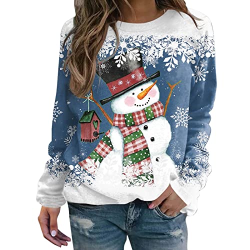 NHNKB Weihnachts Hoodie Damen Basic Sweatshirt Damen Damen-Sweatshirt mit Weihnachtsmotiv und Schneemann-Print, lässig, langärmelig, Rundhalsausschnitt, lockerer Pullover Damen von NHNKB