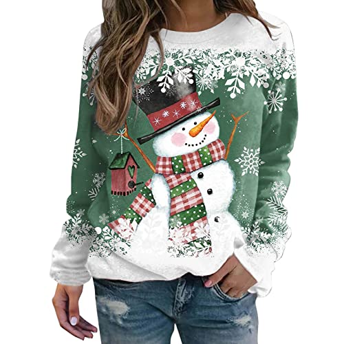 NHNKB Weihnachts Hoodie Damen Basic Sweatshirt Damen Damen-Sweatshirt mit Weihnachtsmotiv und Schneemann-Print, lässig, langärmelig, Rundhalsausschnitt, lockerer Pullover Damen von NHNKB