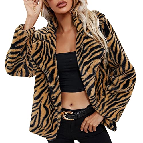 NHNKB Wollmantel Damen Winter Jacke Winter Damen Warm Fleecejacke Damen Ohne Kapuze Fuzzy Jacket Damen Leopardenmuster Jacke Damen Tiger Print lose lose Kunstlederjacke Knopfmantel Hemd von NHNKB