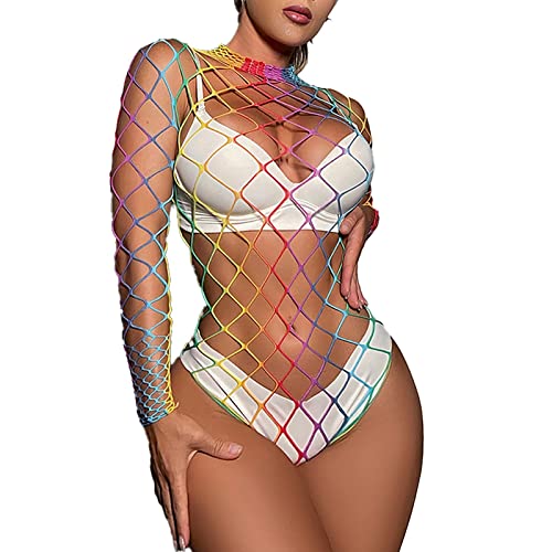 Netz Einteiler Damen Sexy Mesh Oberteil Damen Bunt Sexy Outfit Für Damen Für Sex Sexy Dessous für Frauen Spitzen-Bodysuit Unterwäsche Damen sexy Regenbogen-Print-Wäsche Milf Dessous​ (Red, One Size) von NHNKB