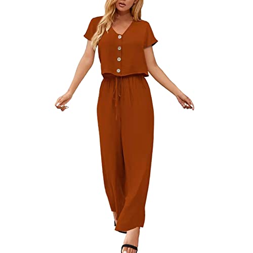 Oberteil Damen Formelle Kleidung für Damen Bluse Stilvolle T-Shirts Hosenanzug ​Damen Sommer Solide Baumwolle und Leinen Multi Button Fashion Top Kurzarm Hosen Set Gymnastikhose Damen von NHNKB