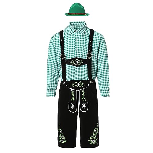 Oktoberfest Herren Outfit Kurz Herren Hemden Kurzarm 3er Set Neuer bestickter Deutscher Bieranzug mit Hosenträgern, bestickter Hosenträgeranzug Herren Jogginganzug Komplett Herren (Black, XXL) von NHNKB