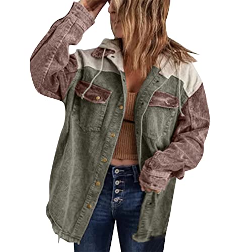 Patchwork Jacke Damen Vintage Jeansjacke Damen Oversize Jeansjacke Damen Lang Frauen Plus Größe Hoodies Kordelzug Langarm Knopf Lässige Bluse Shirt Lose Klassisches Top Mit Taschen Mantel (Green, S) von NHNKB