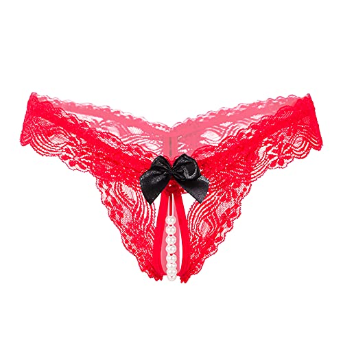 Reizwäsche Für Sex Damen Unten Offen Unten Offen Mit Perlen Dessous Unten Offen Damen Feile up Unterwäsche Pearl Top transparent reizvolle Damen-Briefs string Dessous Sexy Unterwäsche​ (Red, One Size) von NHNKB