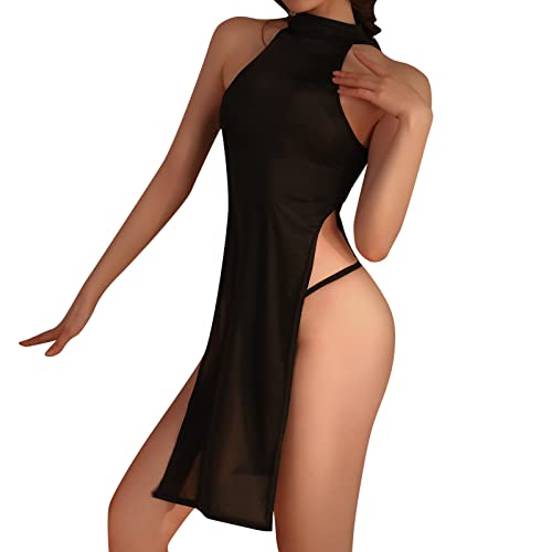 Reizwäsche Spitze Schwarz Sexy Unterwäsche für Damen, transparenter Spitzenhals, langes Kleid, Pyjamas Cheongsam-Anzug Dessous Damen Einteilig​ Reizwäsche Spitze Schwarz Große Größen (Black, One Size) von NHNKB