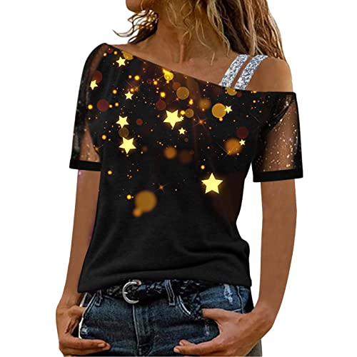 ​Spitzen Oberteile Damen Kurzarm Schwarz Damen Casual Lose Ärmel Pailletten Bluse Print Mesh T Shirt Splice Damen Tops Kurzarm T Shirt Damen Pailletten Print Lose Elegante Bluse von NHNKB