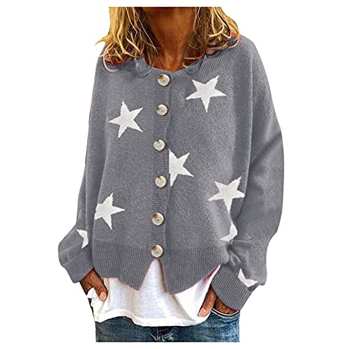 Strickjacke Damen Korean Strickjacken Für Damen Schwarz Cardigan mit Stern Damen Warme Mode Pullover Cardigans Star Printing Langarm O-Neck Pullover Cropped Button Strickpulli Rot Damen​ (Grey, M) von NHNKB