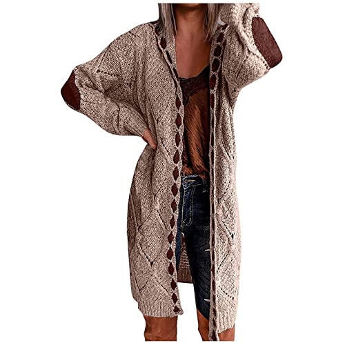 Strickjacke Vintage Damen Oversize Cardigan Boho Hippie Strick ​Damen-Patchwork-Mantel, Strickjacke, langärmlig, vorne offen, warm Pullover, Mantel, Wintermode Mantel Elastische Ringe (Khaki, L) von NHNKB