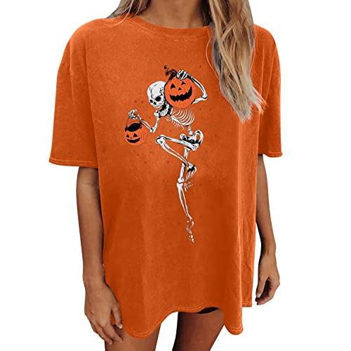 T Shirt Mit Totenkopf Damen Halloween Pullover Kürbis Basic Tshirt Damen Schwarz Damen Damen Casual Halloween Print Rundhalsausschnitt Lose Kurzarm T-Shirt Top Shorts Damen (Orange, XL) von NHNKB