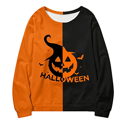 Totenkopf Pullover Halloween Pullover Kürbis Kontrast Hoodie Halloween Kostüm Herren Damen Paar Halloween Pumpkin Print Sweatshirt Langärmliges Rundhals-Sweatshirt ohne Kapuze Polyester (Yellow, L) von NHNKB