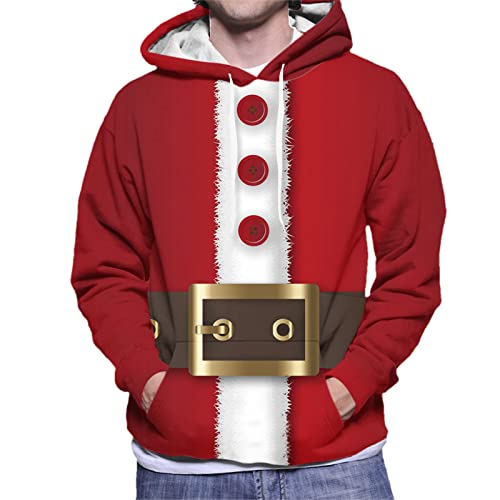 Weihnachten Pullover Herren Hoodie Herren Oversize T-Shirt Herren Mit 3d Druck Männlicher Weihnachtsmann-Druck-Kapuzenpulli mit Kordelzug langärmliger Taschen-Kapuzenbluse Sweatshirt​ (Red, XXL) von NHNKB