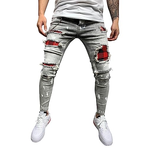 Zerrissene Jeans Herren Slim Fit Zerrissene Jeans Herren Skinny Jeans Hose Herren Modern Herren-Jeanshose mit gerader Taschennaht und Karomuster in Distressed-Optik Jogging Leggings Herren (Grey, L) von NHNKB