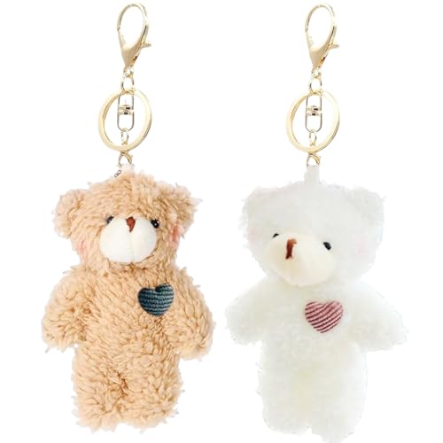 NHPY 2 Stück Tragen Bag Charms, Taschen Anhänger Bär, White Bear Plush Keychain Toy For Kids With Pink Heart 13 Cm Stuffed Teddy Plush Backpack Bag Pendant Gift(2Farbe) von NHPY
