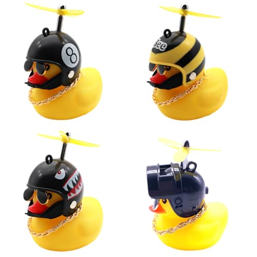 NHPY 4 Stück Gummiente Gummi Gelb Ente Auto Ornament, Coole Fahrradglocke Dekorationen mit Propellerhelm für Erwachsene Kinder von NHPY
