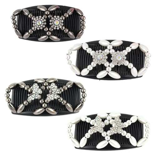 NHPY 4 Stück Haarkamm Zum Stecken, Modisch Dehnbar Haarklammer Für Dick Oder Fein Haar, Haarspangen Damen, Haarschmuck Damen, Haltbar Doppelt Haarkamm Perlen Für Damen Mädchen Haarschmuck Diy Frisur von NHPY