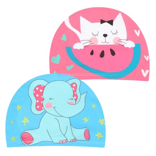 NHQZ 2 Stück Badekappe Kinder,Schwimmhaube Kinder,Badekappen,Badekappe Stoff,Für 4-12 Jahre Jungen Mädchen,Schwimmkappe Kinder,Bequeme Passform für Langes und Kurzes Haar(Kätzchen+Elefant) von NHQZ