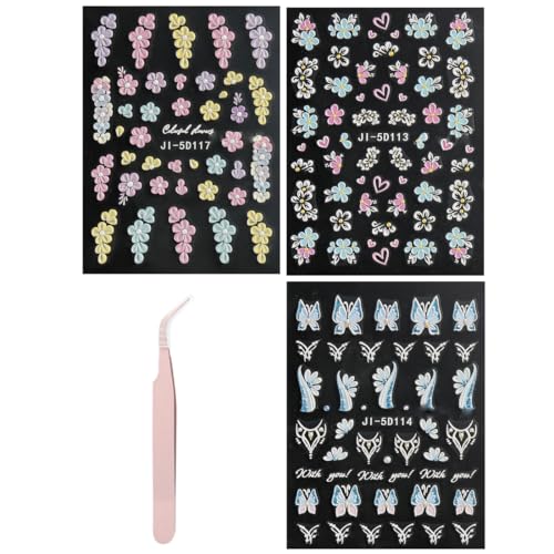 NHQZ 3 Blatt Nagelsticker Selbstklebend 5D Frühling Sommer Blumen Nagel Sticker nagelsticker kinder Zubehör DIY für Damen Mädchen Nagelkunst Dekoration,Mit rosa Pinzette von NHQZ