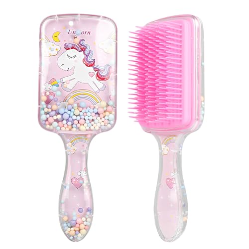 NHQZ Kinder Haarbürste Einhorn bunt,Haarbürste Mädchen,Bürste ohne Ziepen Pink Unicorn,Locken Bürste Haare,Beseitigt Knoten und Reduziert Haarbruch,Entwirrbürste Lange Haare von NHQZ