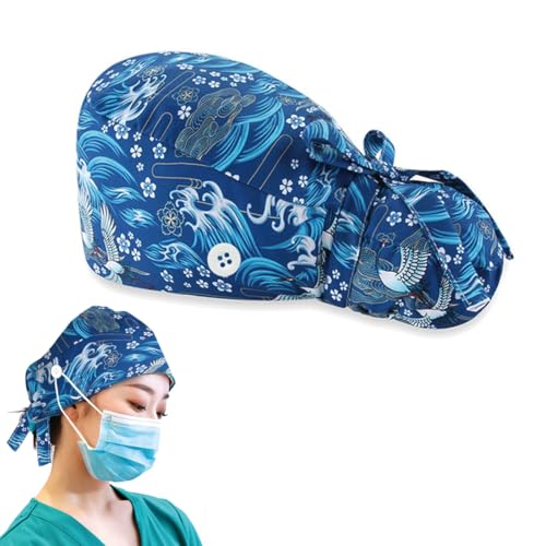 NHQZ OP Hauben Damen Lange Haare,OP Hauben Damen,Kochhaube,für langes Haar,Verstellbar mit Knopf Arbeitskappe Baumwolldruck Kranken schwesternkappe Unisex Staubhauben Kappe(Bär) von NHQZ