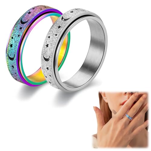 ringe anti stress ring skills panikattacken galaxy ring 2 Stück Personalisierter ring für Damen Herren Roller Ringe Drehbarer Ringe Angst Ringe Mondstern Sand Blast Finish(Nr. 7-Silber + Mehrfarbig) von NHQZ