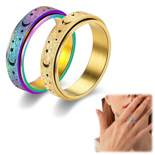 ringe anti stress ring skills panikattacken galaxy ring 2 Stück Personalisierter ring für Damen Herren Roller Ringe Drehbarer Ringe Angst Ringe Mondstern Sand Blast Finish(Nr. 8-Mehrfarbig + Gold) von NHQZ