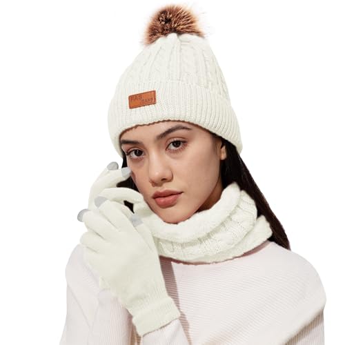 NHTJTHE Mütze Schal Handschuhe Damen Set，Winter Warm Beanie Mütze Touchscreen Handschuhe und Schal Set，Wintermütze Winterschal Winterhandschuhe (weiß) von NHTJTHE
