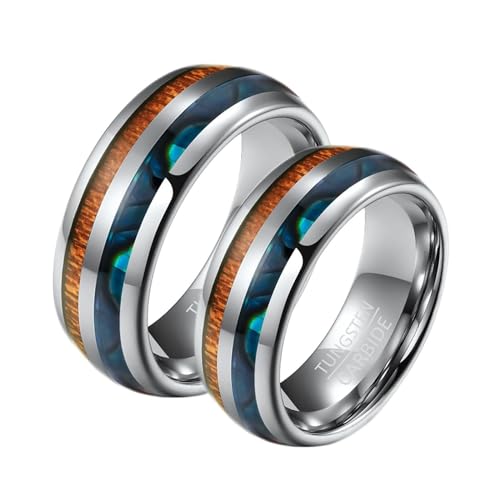 Wedding Rings Women and Men, Tungsten Couples Promise Ring 8MM Polished Round with Colorful Shell and Wood Grain Brown Rings Set von NHYHEHMR