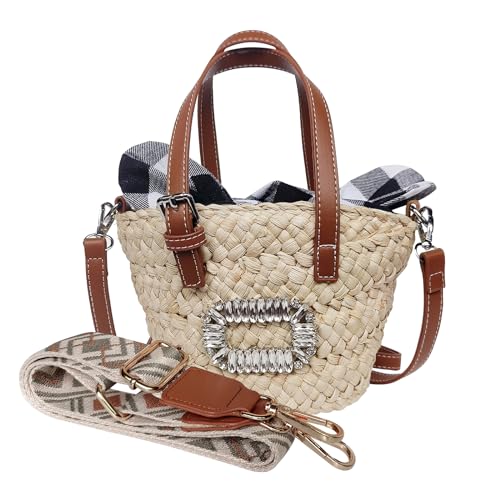 NIBD Rattan-Tragetasche, Blumenperlen, Sommer, Strand, Kordelzug, Stroh, Eimertasche, Diamanten, gewebte Handtasche, F Beige, 13cm/5"(Bottom diameter )x19cm/7.5"(height), Minimalistischer Strand von NIBD
