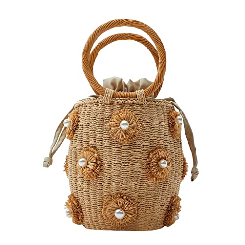 Nice Pies Flower Pearls Rattan Tote Bag Summer Beach Drawstring Straw Bucket Bag Diamonds Woven Handbag, A Blume, von NIBD