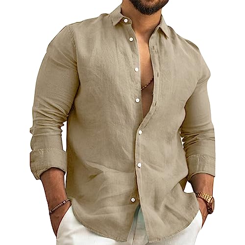 Leinenhemd Herren Langarm Leichtes Sommerhemd Baumwolle Freizeithemd Strand Henley Shirt mit Stehkragen von NIBESSER