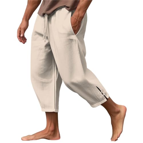 Leinenhosen Herren 3/4 Hosen Leicht Sommerhose 2024 Einfarbig Strandhose Freizeithose Loose Fit Hose für Urlaub Strand Alltag von NIBESSER