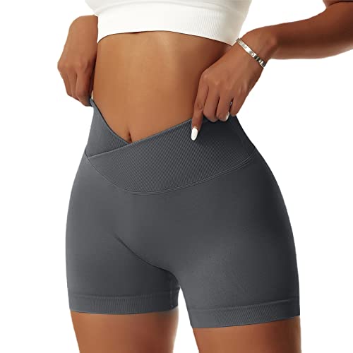 NIBESSER Damen Gym Shorts V Cross Stretch Scrunch Butt Push Up Yoga ShortsNahtlose Sporthose Bauchweg Kurz Leggings Sommer Fitness Laufen（Dunkelgrau S） von NIBESSER